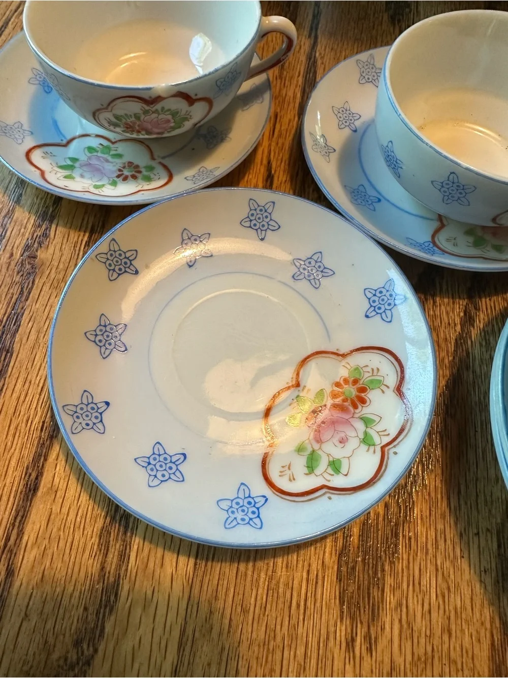 Vintage Japanese Porcelain Floral Tea Set - White with Pink & Blue Accents